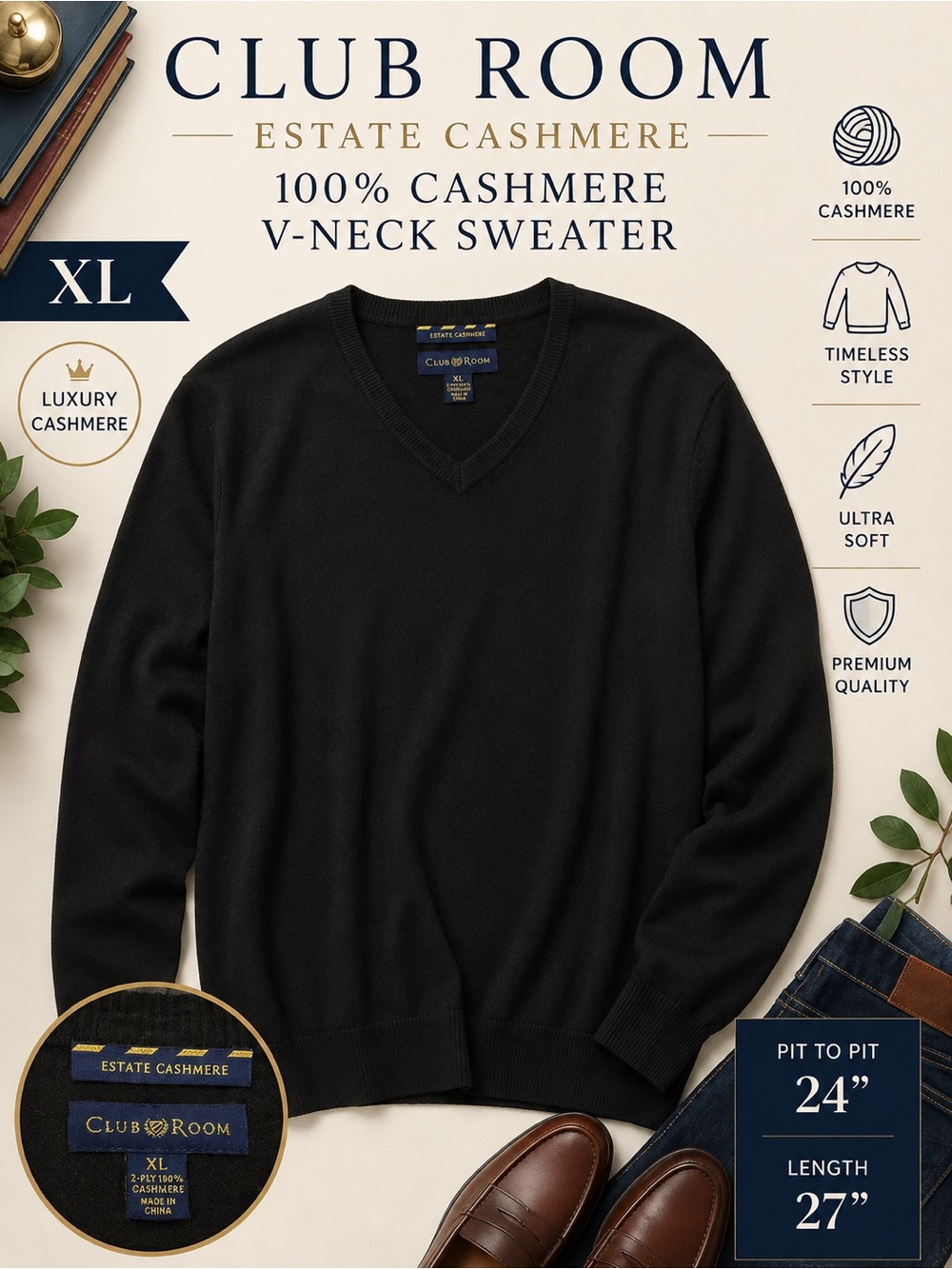 Club Room Estate Cashmere Black V-Neck Sweater XL 100% Cashmere Luxury Classic